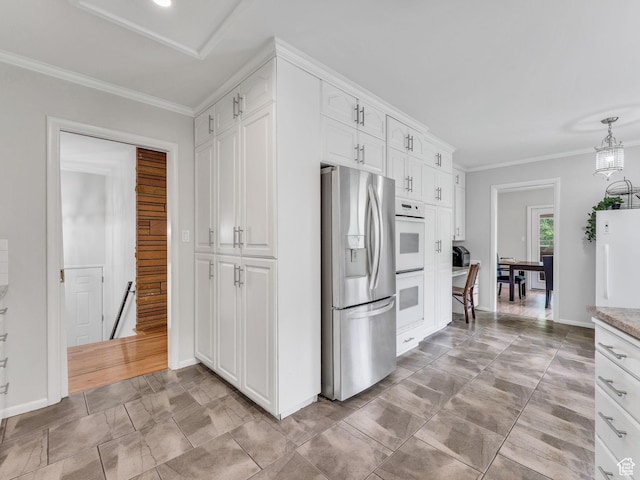 4131 S Fortuna Way E, Salt Lake City, UT 84124 - kitchen featuring stainless steel refrigerator with ice dispenser, white cabinets, double oven, ornamental molding, and baseboards