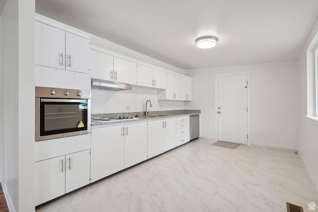 kitchen featuring stainless steel appliances, under cabinet range hood, white cabinetry, a sink, and light countertops