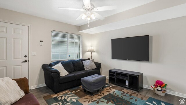 217 E 2300 N, North Ogden, UT 84414 - living room with wood finished floors, ceiling fan, and baseboards