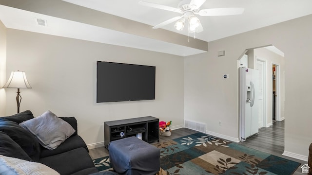 217 E 2300 N, North Ogden, UT 84414 - living area featuring arched walkways, wood finished floors, and ceiling fan