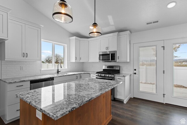 837 N 980 W Unit 66, Tremonton, UT 84337 - kitchen with appliances with stainless steel finishes, a sink, plenty of natural light, decorative backsplash, and vaulted ceiling
