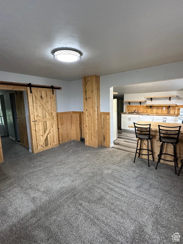 733 Clay St, Montpelier, ID 83254 - below grade area featuring wood walls, carpet flooring, wainscoting, and a barn door