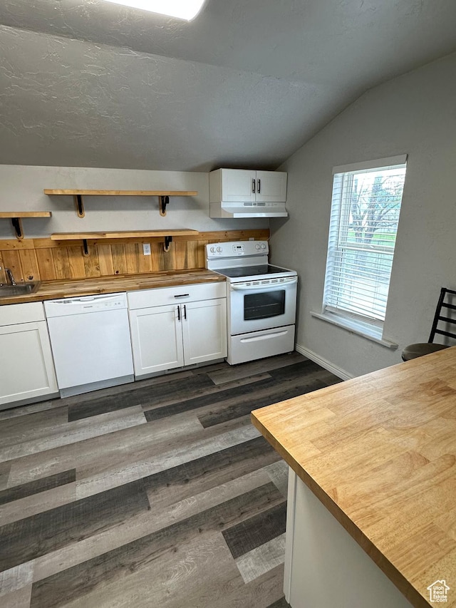 733 Clay St, Montpelier, ID 83254 - kitchen featuring white appliances, wooden counters, lofted ceiling, white cabinets, and dark wood-style flooring