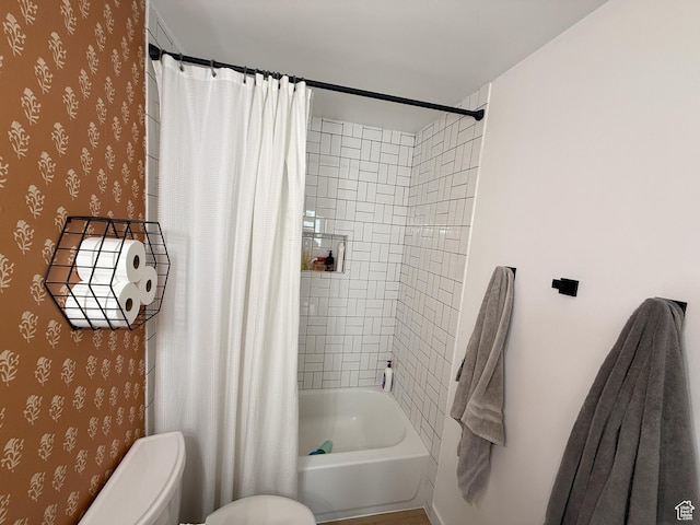 5582 W Joshua Cir S, West Jordan, UT 84081 - bathroom with wallpapered walls, toilet, and shower / bath combination with curtain