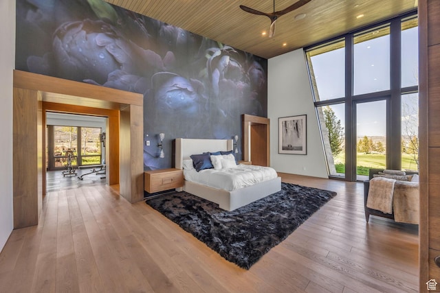 800 Hollyhock St, Park City, UT 84098 - bedroom featuring a high ceiling, wood-type flooring, wooden ceiling, recessed lighting, and floor to ceiling windows