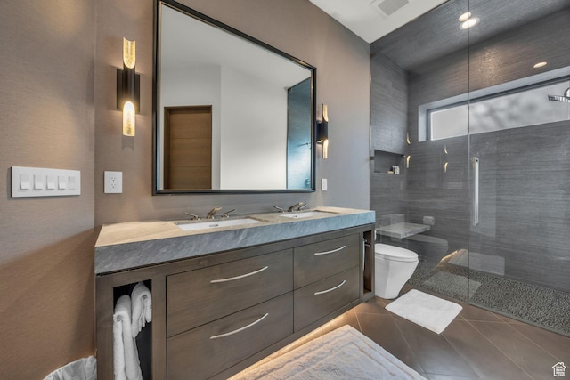 800 Hollyhock St, Park City, UT 84098 - bathroom with toilet, tiled shower, tile patterned flooring, and double vanity