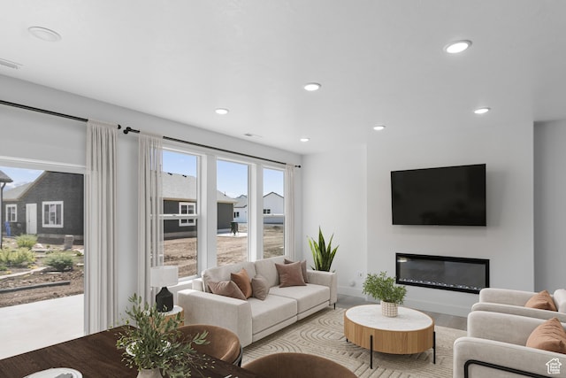 564 N 800 W, Smithfield, UT 84335 - living area featuring recessed lighting, a glass covered fireplace, and wood finished floors