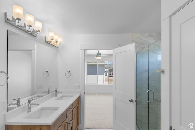 564 N 800 W, Smithfield, UT 84335 - bathroom featuring a stall shower, a ceiling fan, and double vanity