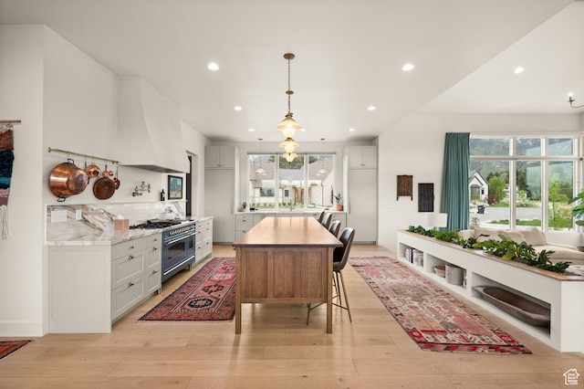 10076 S Wild Goose Cv E, Sandy, UT 84092 - kitchen featuring double oven range, light wood-style floors, recessed lighting, decorative light fixtures, and white cabinetry