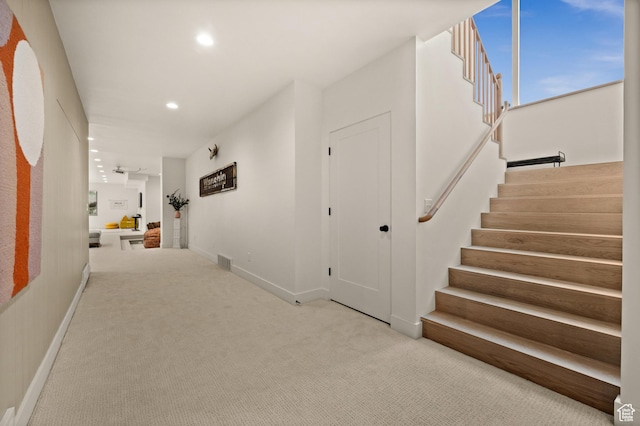 10076 S Wild Goose Cv E, Sandy, UT 84092 - hallway featuring stairs, recessed lighting, carpet floors, and baseboards