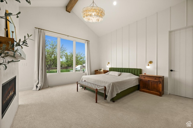 10076 S Wild Goose Cv E, Sandy, UT 84092 - carpeted bedroom with beamed ceiling, a chandelier, high vaulted ceiling, and a glass covered fireplace