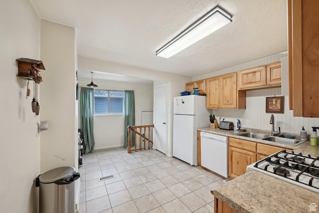 230 S 600 E, Provo, UT 84606 - kitchen with white appliances, a sink, light brown cabinets, light countertops, and a textured ceiling