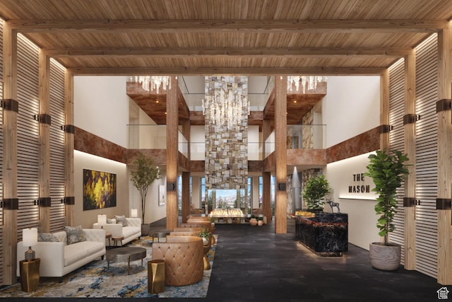 community lobby featuring a towering ceiling and beam ceiling