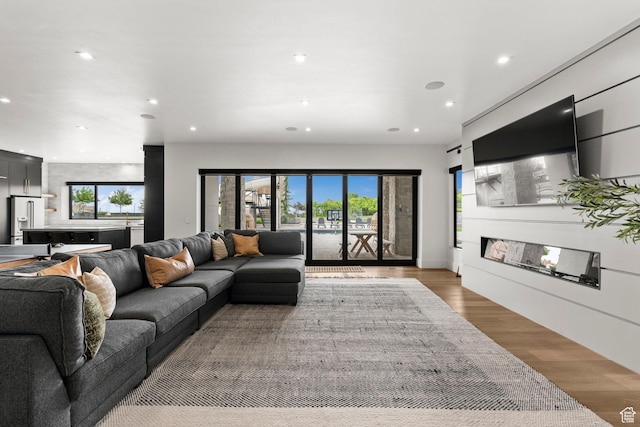 living area featuring recessed lighting and light wood-style floors