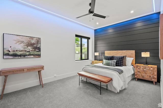 carpeted bedroom with ceiling fan, recessed lighting, and baseboards