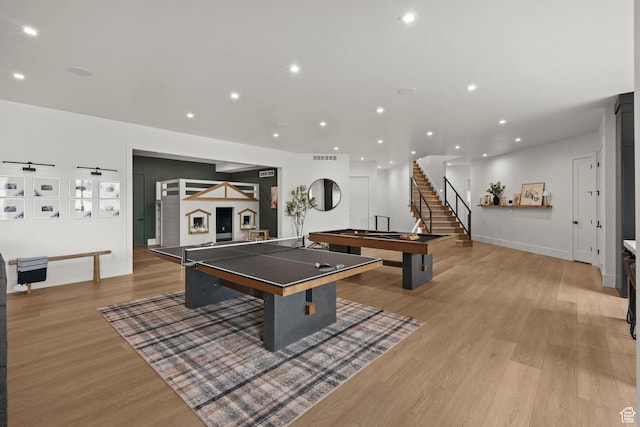 recreation room with billiards, light wood-style floors, baseboards, and recessed lighting