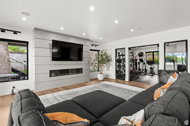 living room featuring wood finished floors, recessed lighting, and a glass covered fireplace