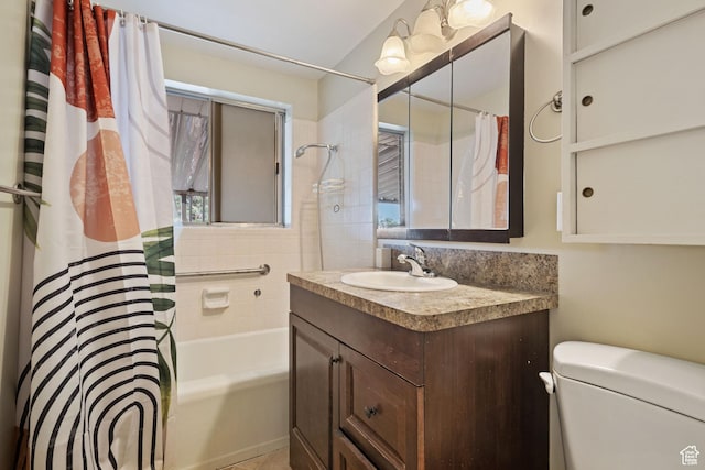 bathroom featuring vanity, shower / bathtub combination with curtain, and toilet