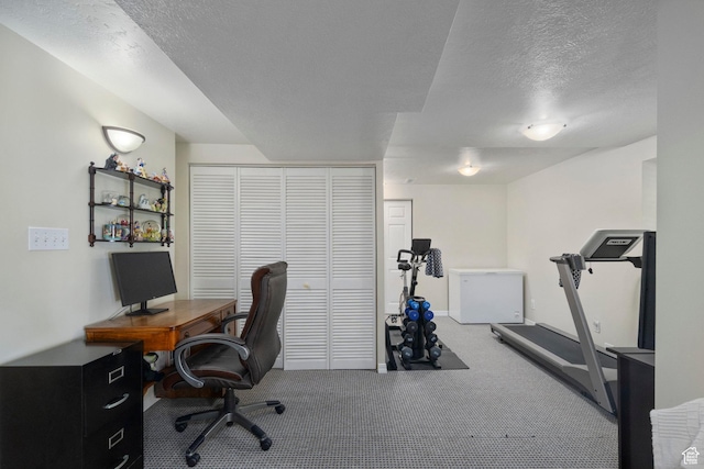 carpeted office space featuring a textured ceiling