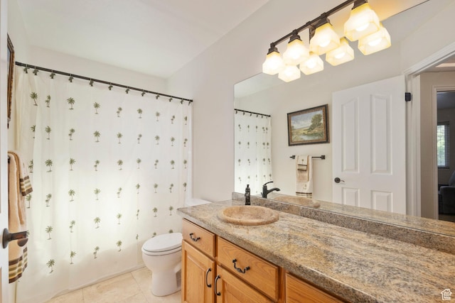 full bathroom with toilet, vanity, tile patterned flooring, and a shower with curtain