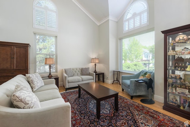 living room featuring high vaulted ceiling, wood finished floors, ornamental molding, and baseboards