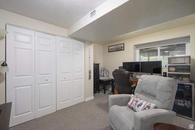 home office with carpet floors, wine cooler, and baseboards