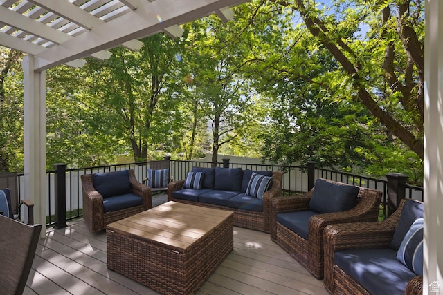 deck featuring outdoor lounge area and a pergola