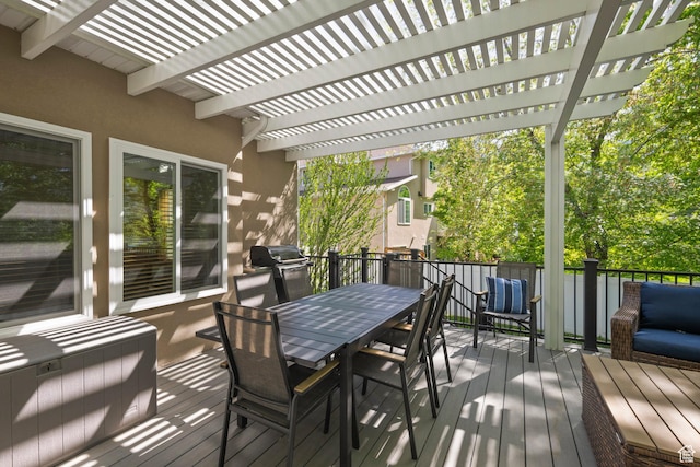wooden deck with a pergola, outdoor dining area, and a grill