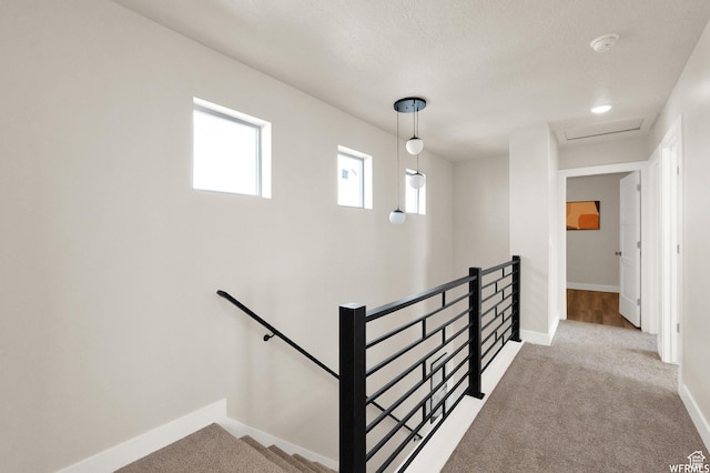 staircase with carpet, baseboards, and attic access