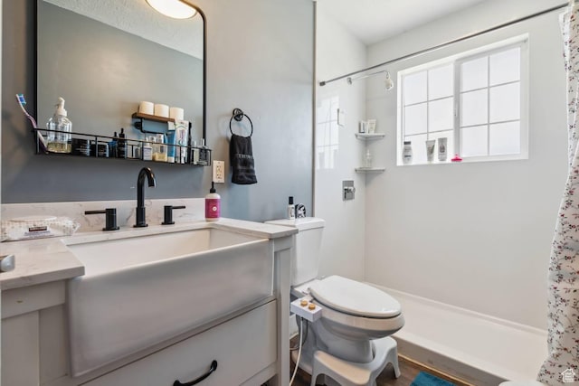 bathroom featuring a shower, toilet, and vanity