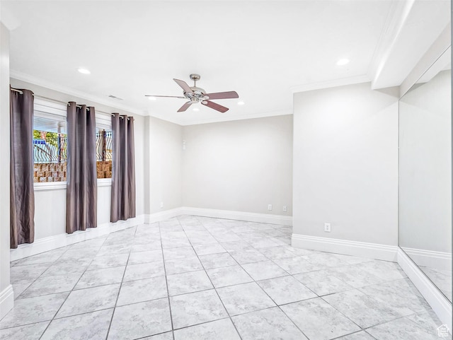 10868 S Prescott Dr E, Sandy, UT 84092 - spare room featuring a ceiling fan, recessed lighting, crown molding, and baseboards