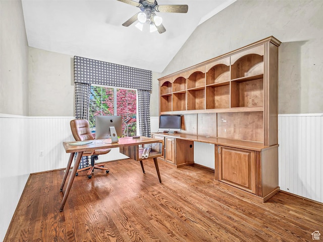 10868 S Prescott Dr E, Sandy, UT 84092 - office space featuring vaulted ceiling, a ceiling fan, a wainscoted wall, and wood finished floors