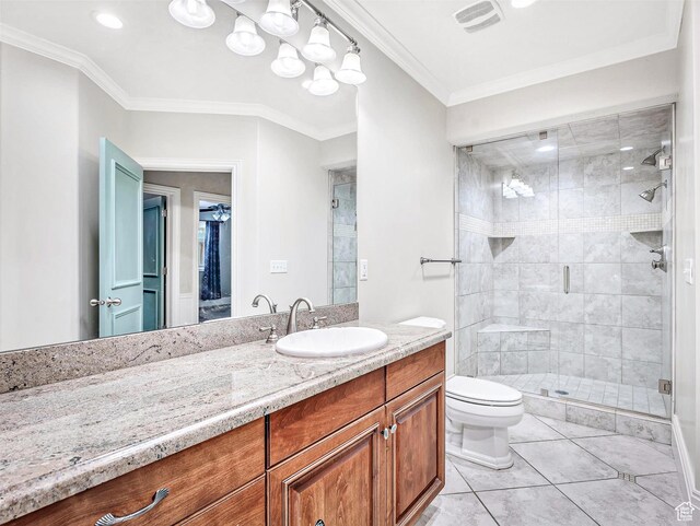 10868 S Prescott Dr E, Sandy, UT 84092 - bathroom featuring a shower stall, toilet, tile patterned floors, vanity, and crown molding