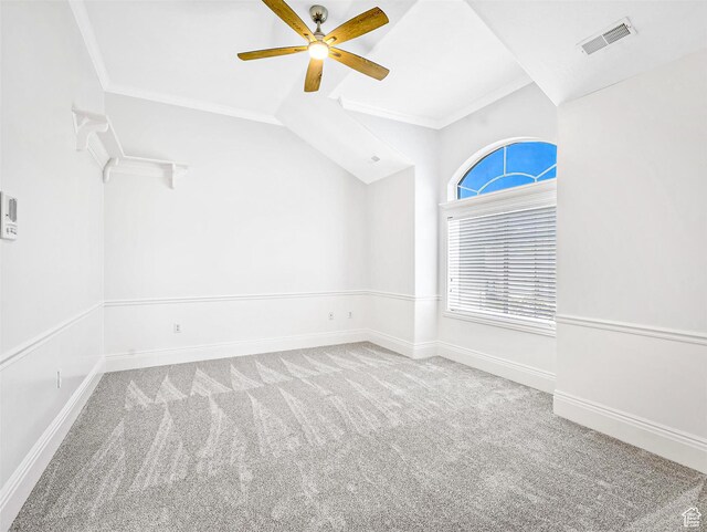 10868 S Prescott Dr E, Sandy, UT 84092 - carpeted spare room featuring a ceiling fan, crown molding, baseboards, and vaulted ceiling