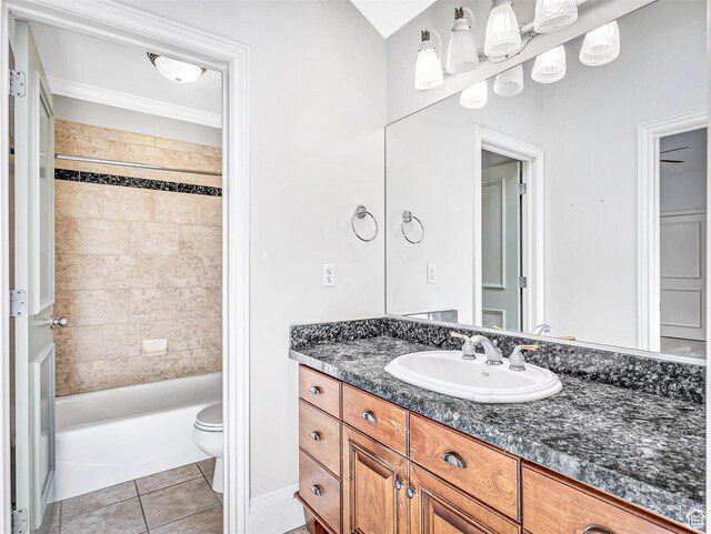 10868 S Prescott Dr E, Sandy, UT 84092 - full bath featuring tile patterned flooring, toilet, vanity, bathtub / shower combination, and ornamental molding