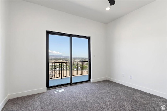 spare room featuring carpet flooring, baseboards, a ceiling fan, and recessed lighting