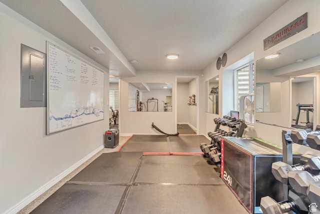 exercise area featuring electric panel and baseboards