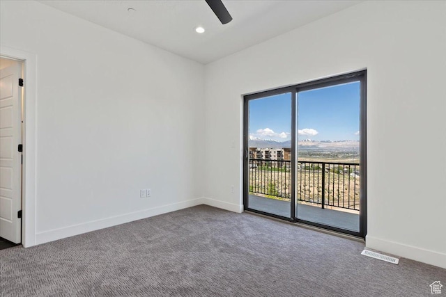 unfurnished room featuring ceiling fan, carpet floors, baseboards, and recessed lighting
