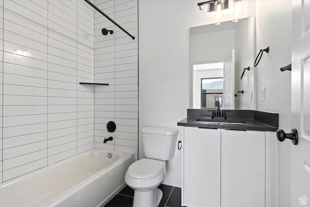 bathroom with toilet, vanity, shower / bath combination, and tile patterned flooring
