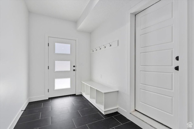 mudroom featuring baseboards, dark tile patterned floors, and plenty of natural light