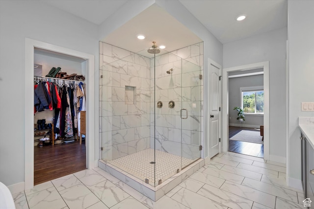 4591 N Abbey Way, Eden, UT 84310 - full bathroom with marble finish flooring, a stall shower, baseboards, and recessed lighting