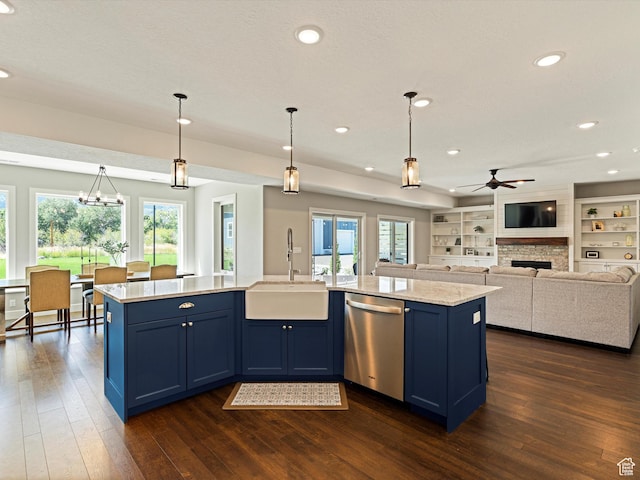 4591 N Abbey Way, Eden, UT 84310 - kitchen featuring dishwasher, a sink, blue cabinets, a ceiling fan, and a fireplace