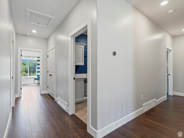 4591 N Abbey Way, Eden, UT 84310 - hall with dark wood finished floors, attic access, baseboards, and recessed lighting