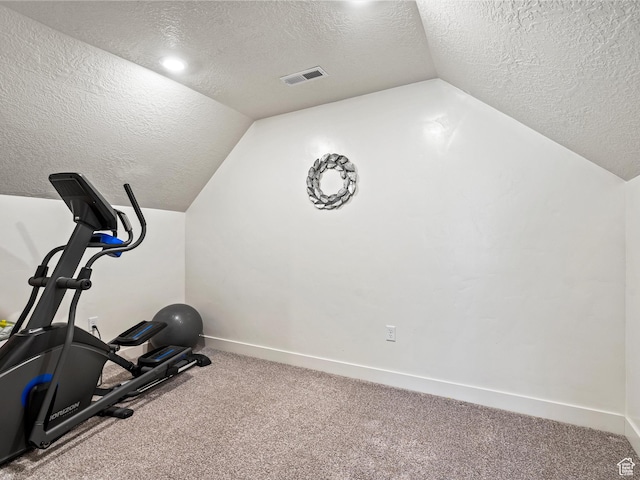 4591 N Abbey Way, Eden, UT 84310 - workout area with a textured ceiling, vaulted ceiling, carpet, and baseboards