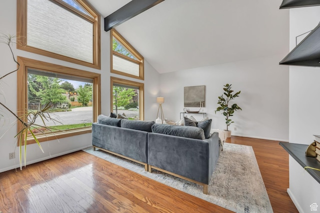 3270 E Danish Hills Cir, Salt Lake City, UT 84121 - living room featuring beam ceiling, high vaulted ceiling, wood finished floors, and baseboards