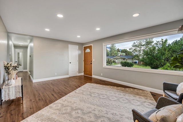 476 E 3050 N, North Ogden, UT 84414 - living room with baseboards, dark wood-style floors, and recessed lighting