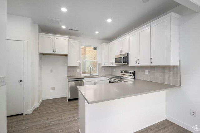316 W Azure Sky Ln Unit 3-09, Salt Lake City, UT 84103 - kitchen featuring stainless steel appliances, a sink, wood finished floors, a peninsula, and decorative backsplash