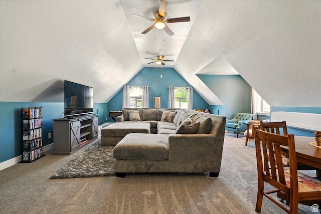 538 W 600 S, Logan, UT 84321 - living area with a ceiling fan, carpet, vaulted ceiling, and baseboards
