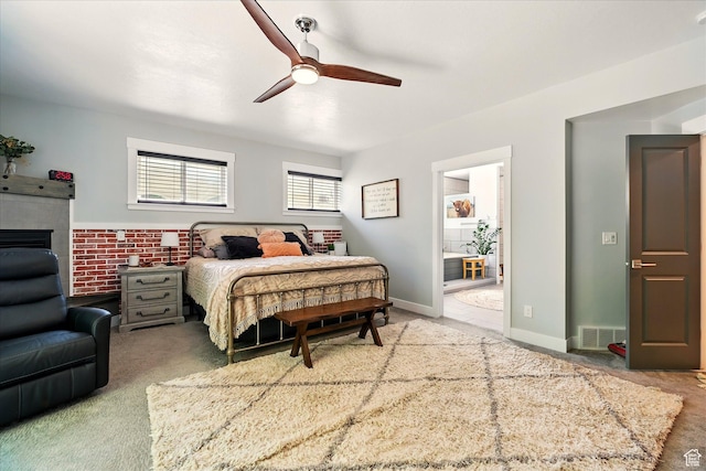 538 W 600 S, Logan, UT 84321 - carpeted bedroom with ceiling fan, ensuite bath, and a fireplace