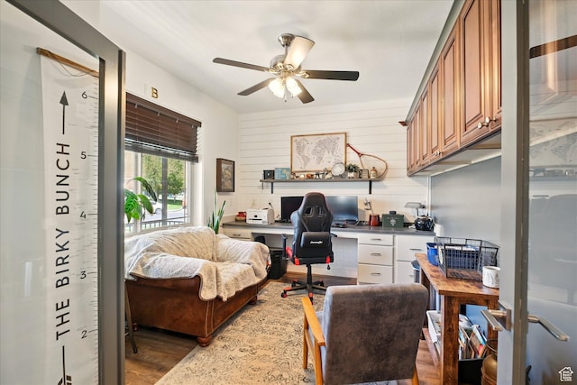 538 W 600 S, Logan, UT 84321 - home office with wood finished floors, a ceiling fan, and built in desk